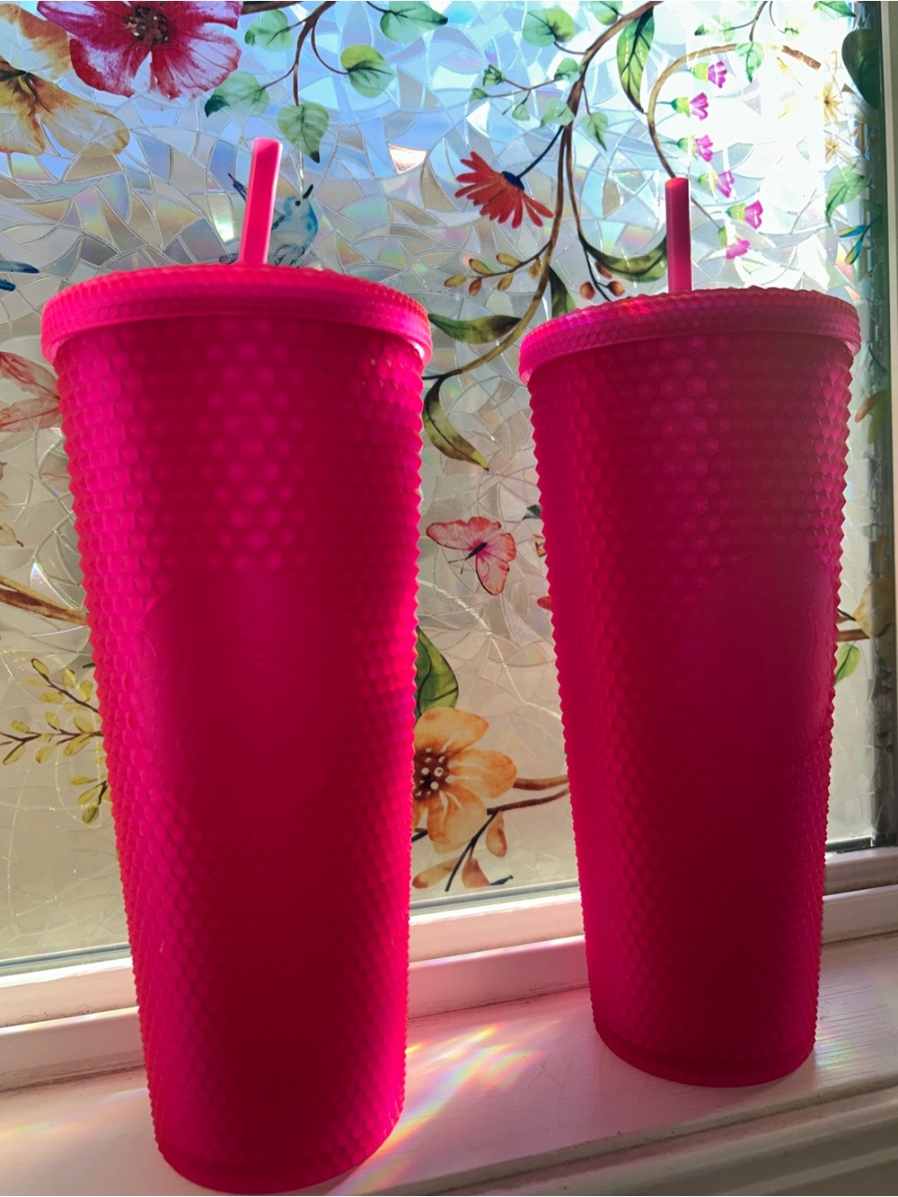2 Starbucks Matte Hot Pink Studded Reusable Tumbler Set with Straws